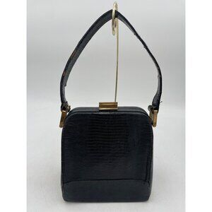 Vintage Black Lizard Leather Handbag Textured Finish & Gold Hardware